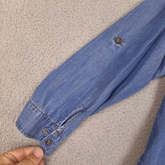 Hester & Orchard‎ Womens Top Small Blue Button Up Shirt Roll Tab Flower Tencel - Picture 12 of 13